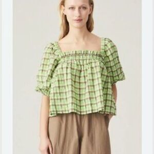 GANNI Seersucker Babydoll Blouse.